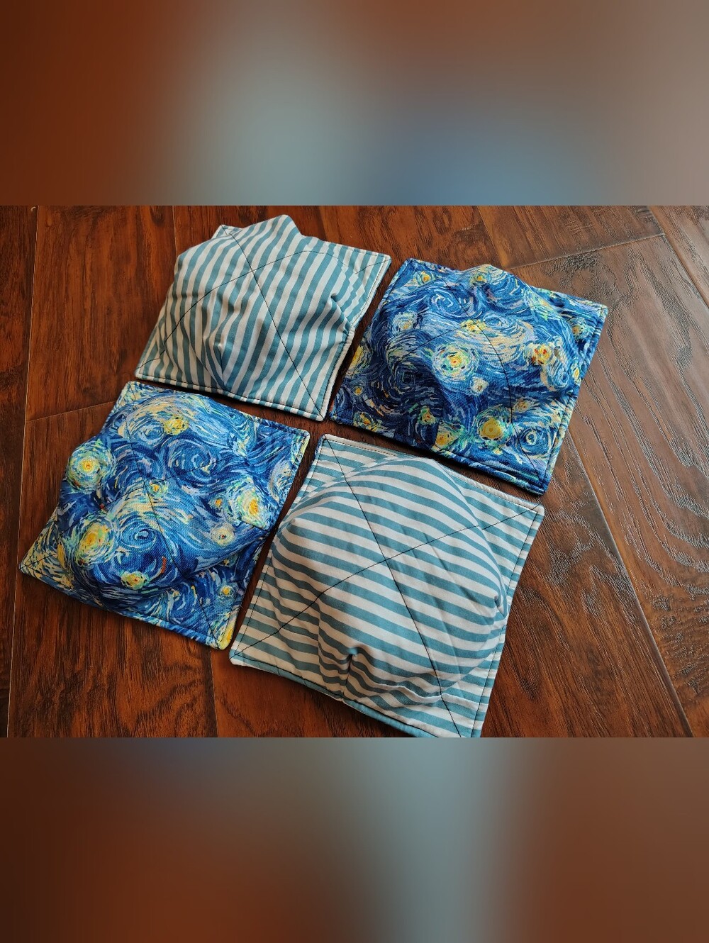 Starry Night & Stripes Set of 4 Microwave reversible bowl cozies Handmade Gift